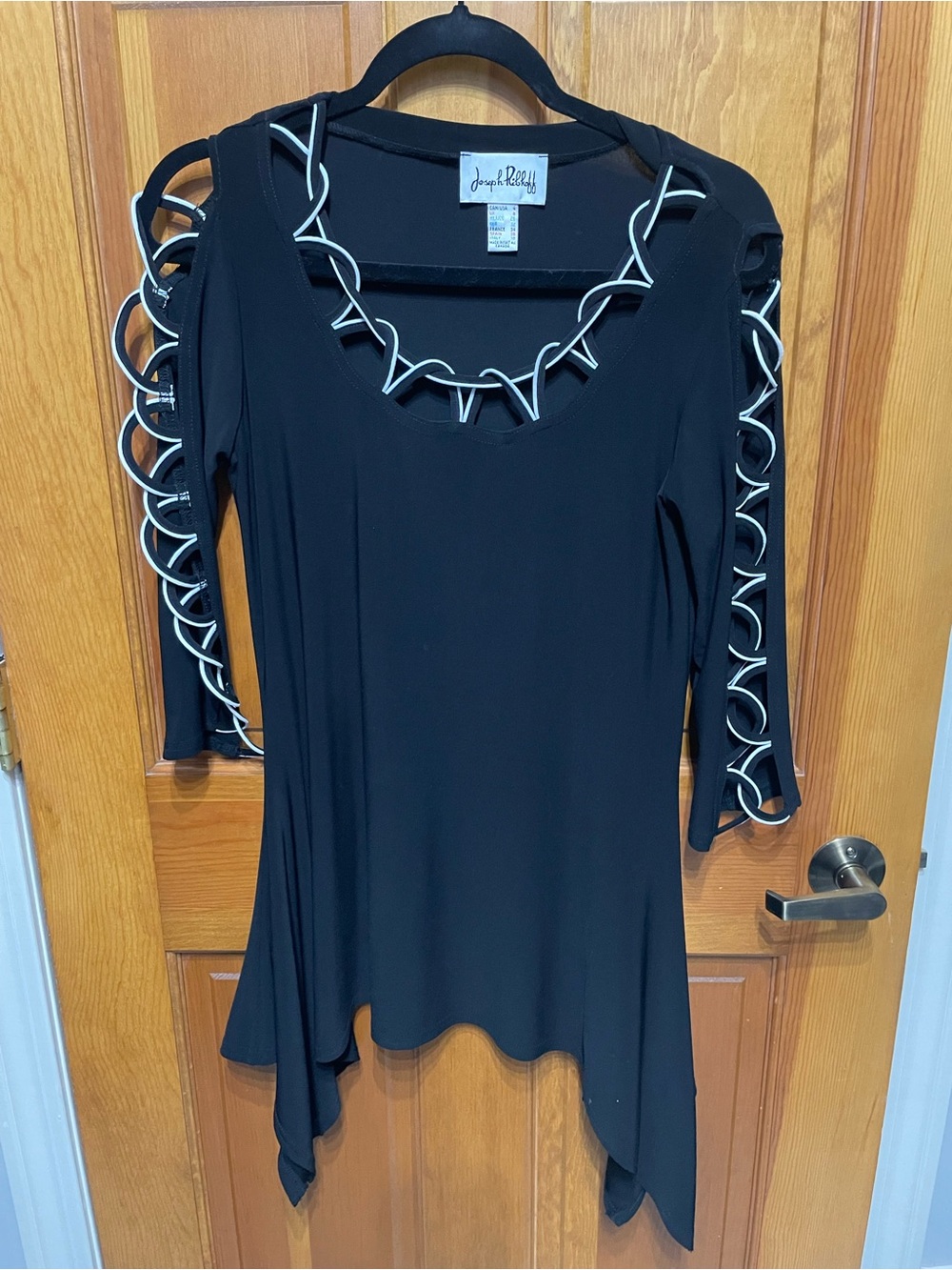 Joseph Ribkoff Black Tunic White Loops Shark Bite Hem Women's Lagenlook Size 4 - Picture 1 of 7